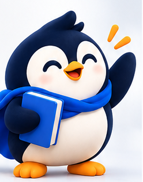 The citybooks penguin waving, holding a blue book